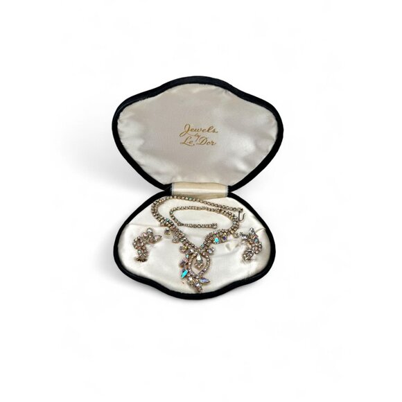 Unknown Jewelry - Vintage Aurora Borealis Crystal Necklace Clip on Earrings Set Gold Tone